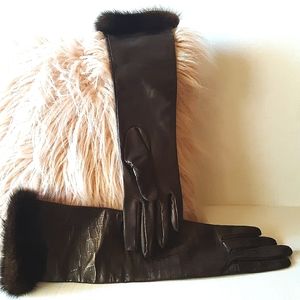 Parisi Long Lthr Gloves Drk Brn Mink Trim 7-1/2